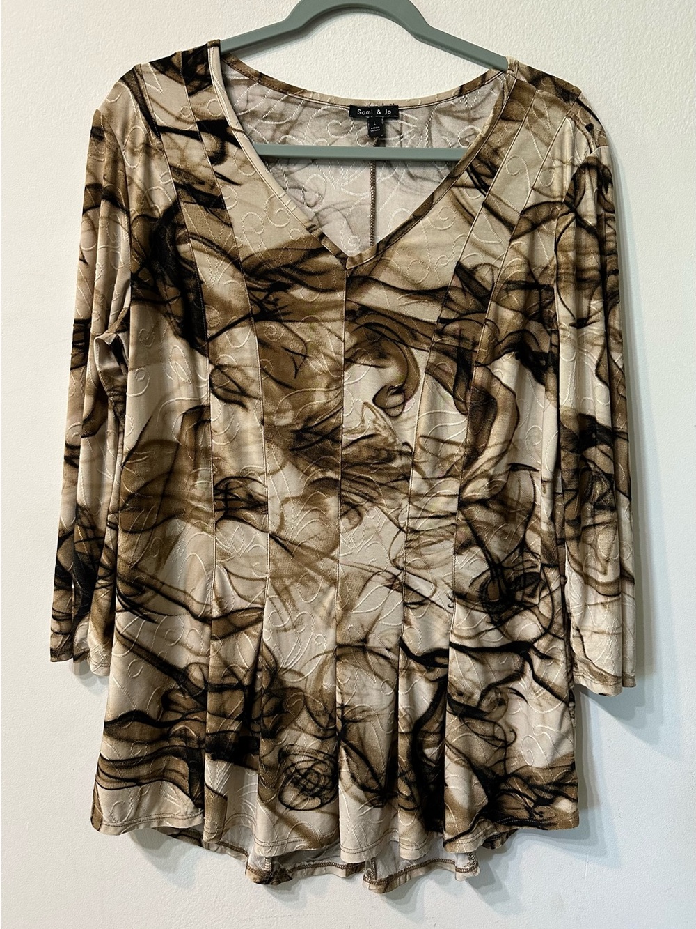 Sami & Jo Abstract Knit V-Neck 3/4 Sleeve Stretch Top Women's L